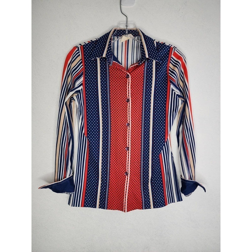 Vintage 70s Alco Button Up Long Sleeve Top Polka Dot Shirt Size 12